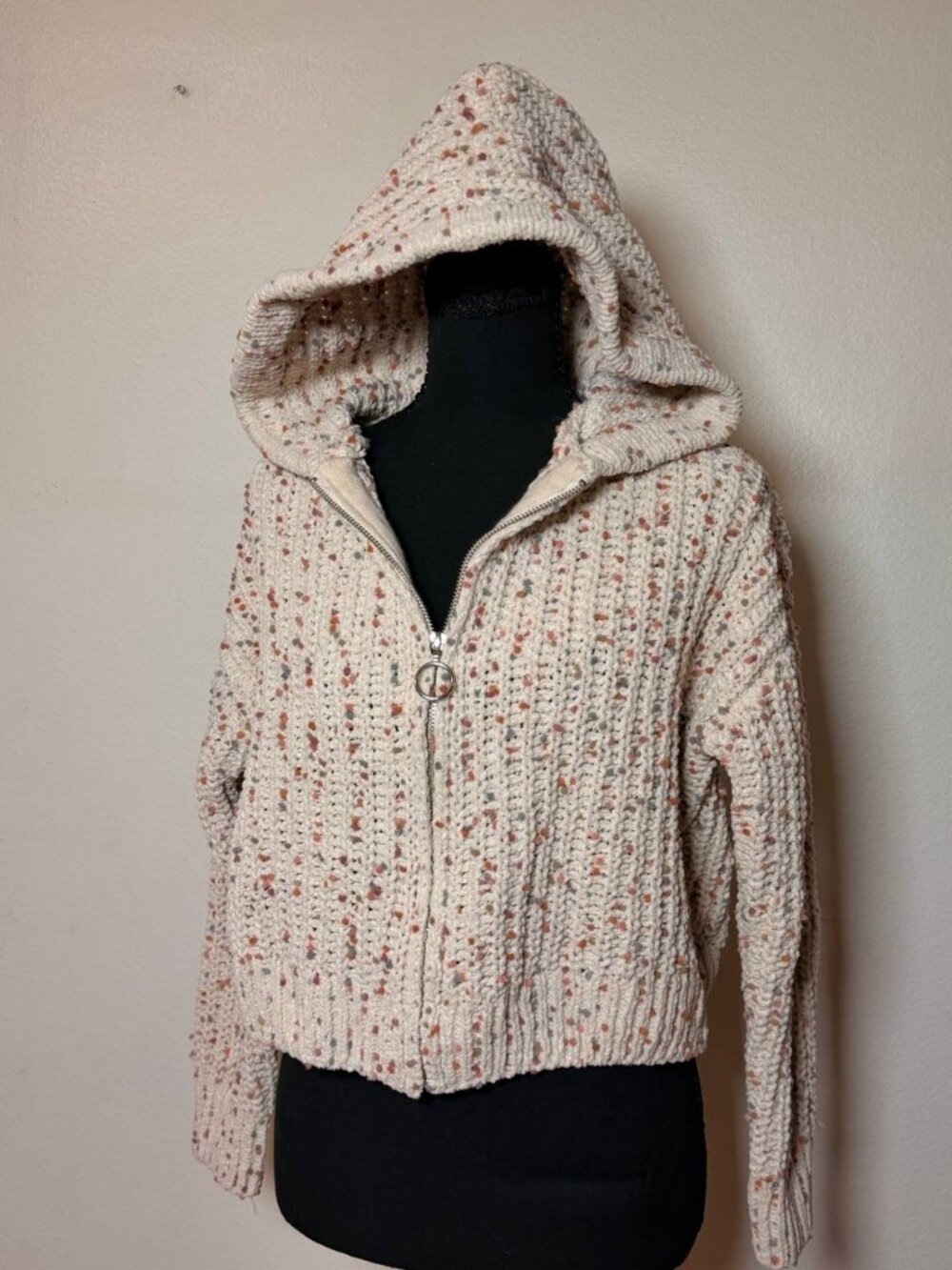 Francesca's Cream Confetti Knit Hooded Zip-Up Sweater Cozy Cottagecore Style